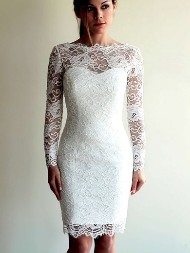 Lace Scalloped Neck Sheath/Column Knee-length Wedding Dresses #LDB00023693