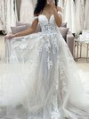 Tulle Off-the-shoulder A-line Sweep Train Appliques Lace Wedding Dresses #LDB00023695