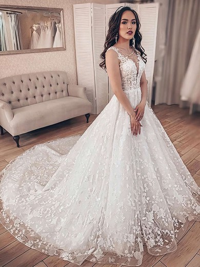 Lace Scoop Neck Ball Gown Court Train Beading Wedding Dresses #LDB00023698