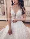 Lace Scoop Neck Ball Gown Court Train Beading Wedding Dresses #LDB00023698