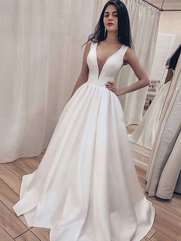 Satin V-neck Princess Sweep Train Wedding Dresses #LDB00023713