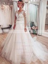 Tulle Scoop Neck Ball Gown Sweep Train Appliques Lace Wedding Dresses #LDB00023714