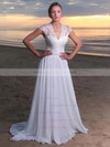 Lace Chiffon V-neck A-line Sweep Train Sashes / Ribbons Wedding Dresses #LDB00023715
