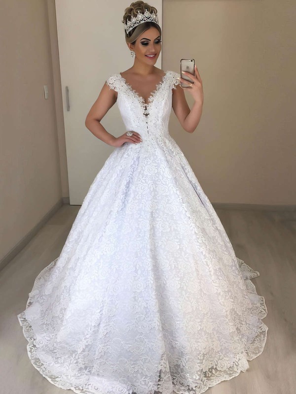 Lace Scoop Neck Ball Gown Sweep Train Appliques Lace Wedding Dresses #LDB00023718