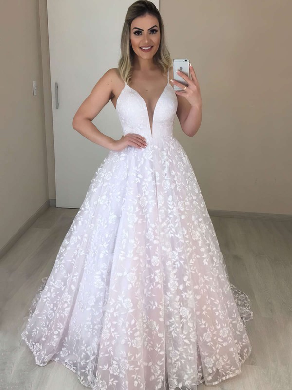Lace V-neck Ball Gown Sweep Train Wedding Dresses #LDB00023719