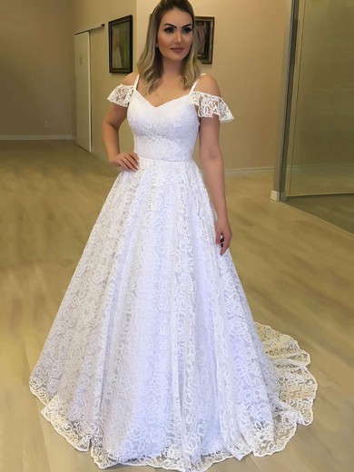Lace V-neck Princess Sweep Train Wedding Dresses #LDB00023720