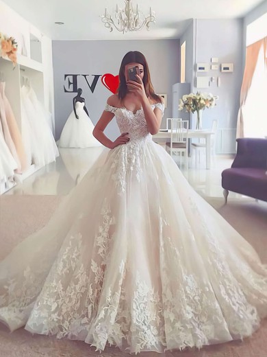 Tulle Off-the-shoulder Ball Gown Floor-length Appliques Lace Wedding Dresses #LDB00023723
