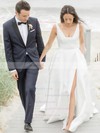 Satin V-neck A-line Sweep Train Sashes / Ribbons Wedding Dresses #LDB00023728
