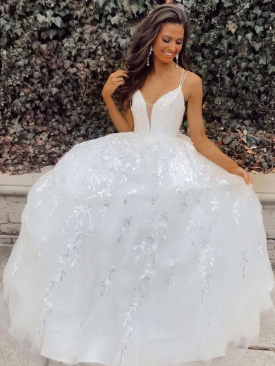 Tulle V-neck Princess Floor-length Appliques Lace Wedding Dresses #LDB00023731