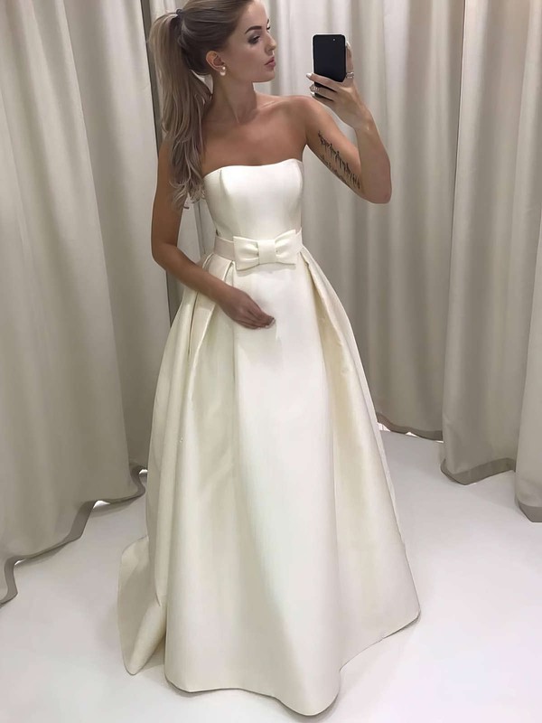 Satin Strapless A-line Floor-length Bow Wedding Dresses #LDB00023732