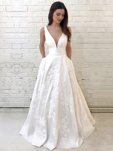 Satin V-neck A-line Floor-length Appliques Lace Wedding Dresses #LDB00023733