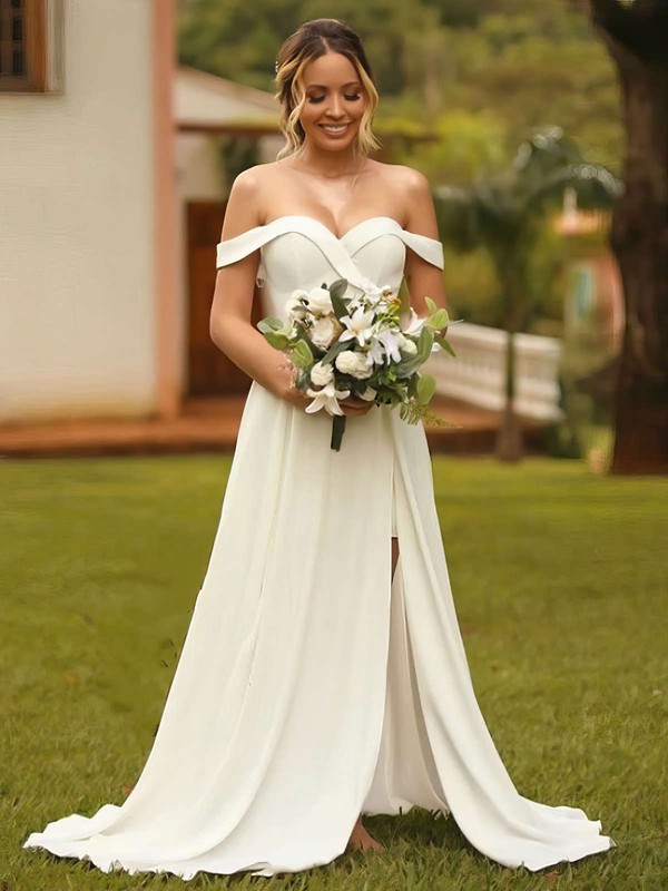 Silk-like Satin Off-the-shoulder A-line Sweep Train Split Front Wedding Dresses #LDB00023735
