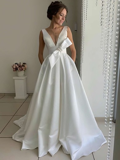 Satin V-neck A-line Sweep Train Bow Wedding Dresses #LDB00023739