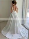 Satin V-neck A-line Sweep Train Bow Wedding Dresses #LDB00023739