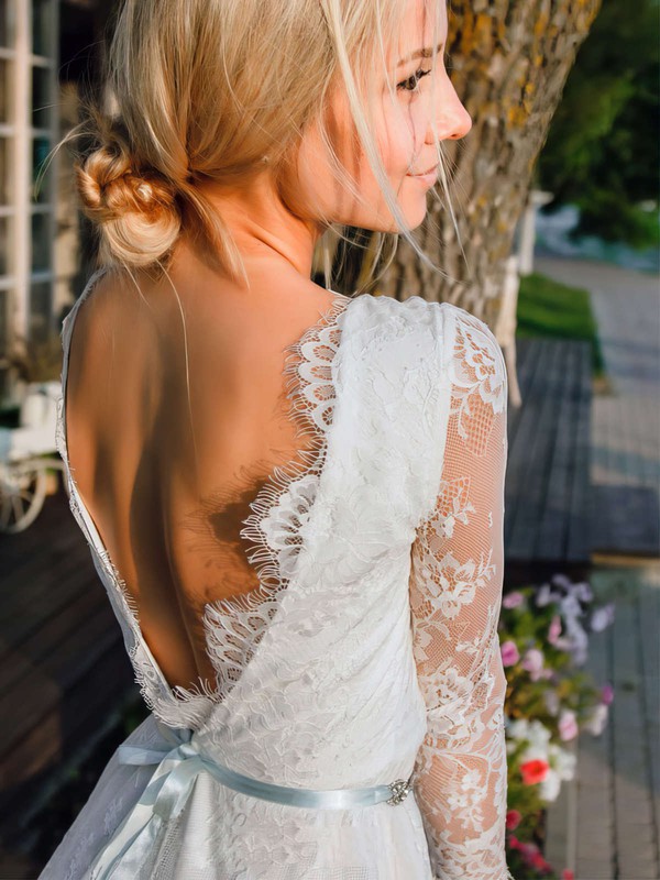 Lace V-neck A-line Short/Mini Sashes / Ribbons Wedding Dresses #LDB00023745