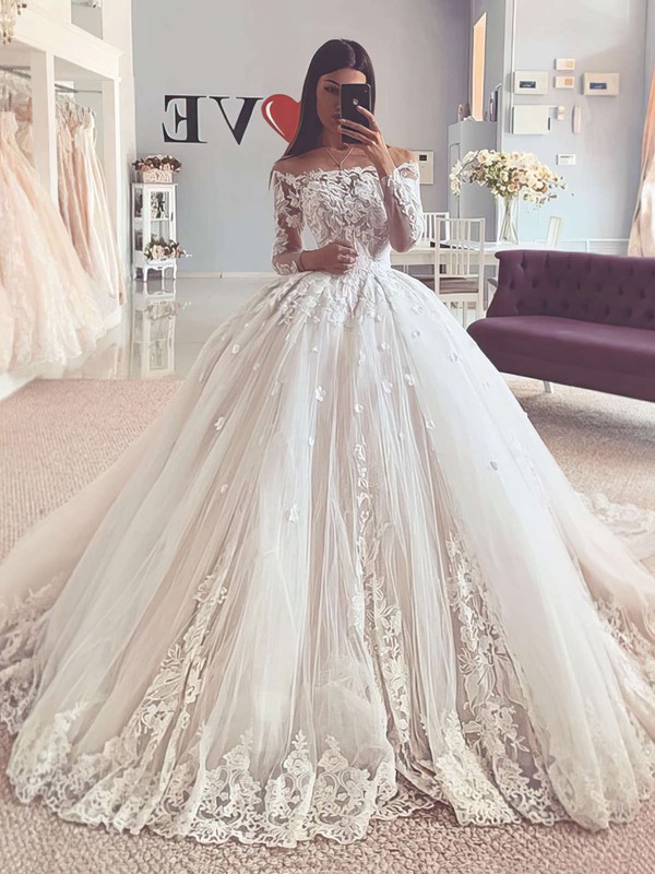 Tulle Off-the-shoulder Ball Gown Sweep Train Appliques Lace Wedding Dresses #LDB00023754