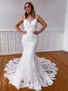 Tulle V-neck Trumpet/Mermaid Court Train Appliques Lace Wedding Dresses #LDB00023760