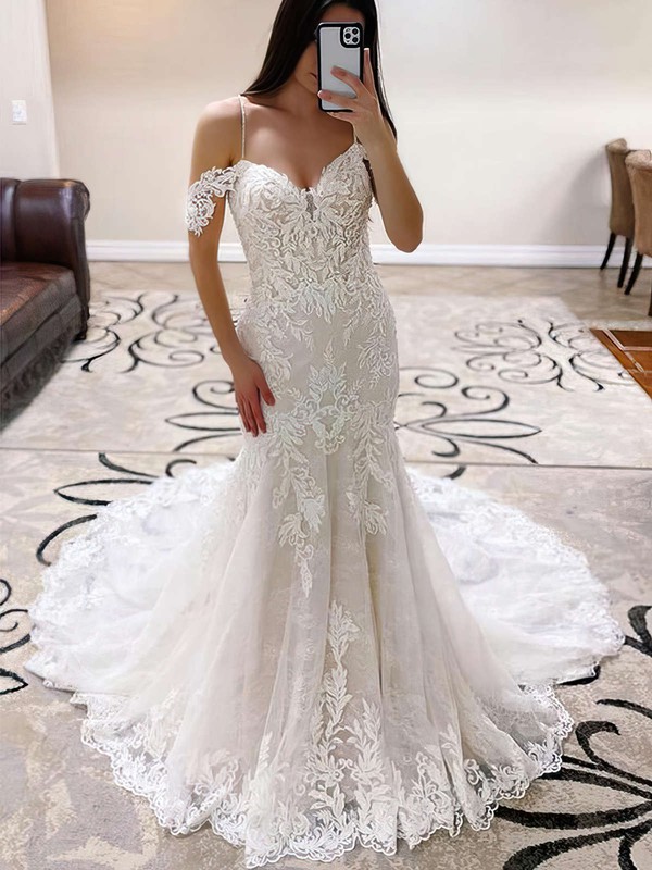 Tulle Off-the-shoulder Trumpet/Mermaid Sweep Train Appliques Lace Wedding Dresses #LDB00023763