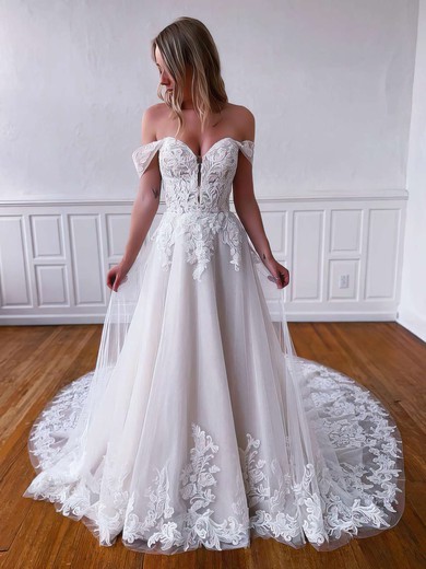 Tulle Off-the-shoulder Princess Court Train Appliques Lace Wedding Dresses #LDB00023764