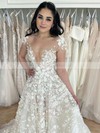 Tulle V-neck A-line Sweep Train Appliques Lace Wedding Dresses #LDB00023769