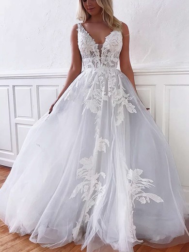 Tulle V-neck A-line Floor-length Appliques Lace Wedding Dresses #LDB00023770