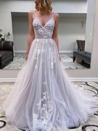 Tulle V-neck Princess Sweep Train Appliques Lace Wedding Dresses #LDB00023771