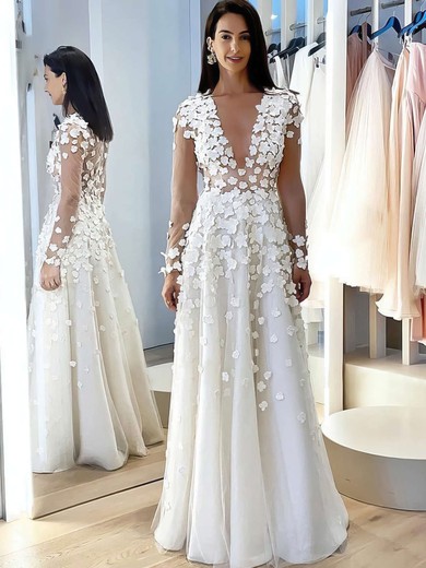 Tulle V-neck A-line Floor-length Flower(s) Wedding Dresses #LDB00023773