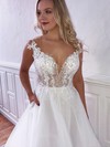 Tulle V-neck Ball Gown Court Train Appliques Lace Wedding Dresses #LDB00023778