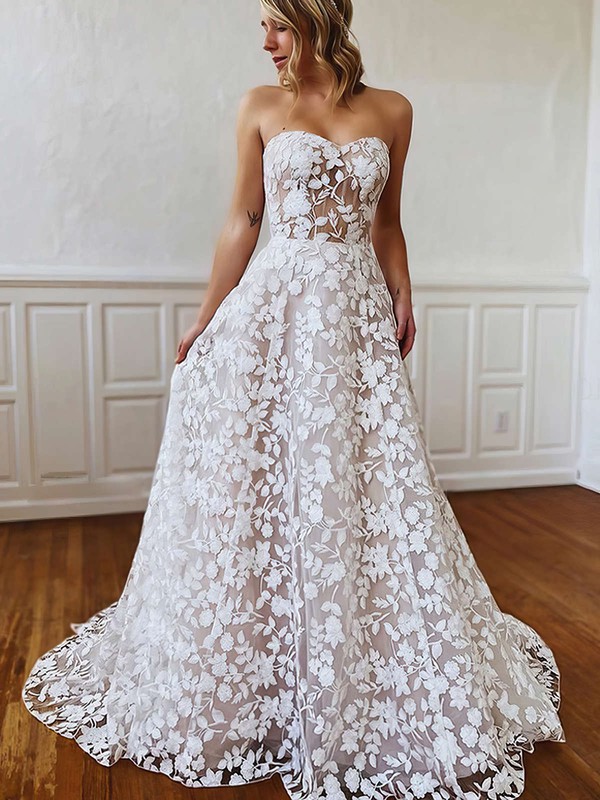 Lace Sweetheart A-line Sweep Train Wedding Dresses #LDB00023779