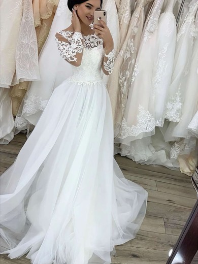 Tulle Scoop Neck Princess Sweep Train Appliques Lace Wedding Dresses #LDB00023782