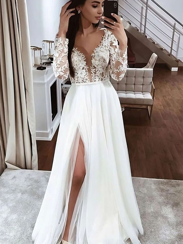 Tulle V-neck A-line Floor-length Appliques Lace Wedding Dresses #LDB00023783