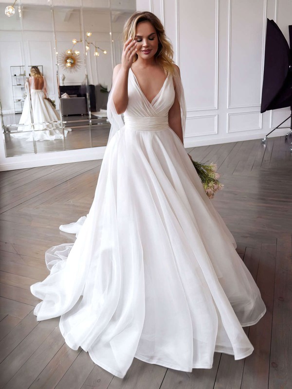 Organza V-neck Ball Gown Sweep Train Ruffles Wedding Dresses #LDB00023785