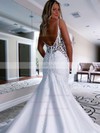 Satin V-neck Trumpet/Mermaid Court Train Appliques Lace Wedding Dresses #LDB00023788