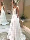 Satin V-neck A-line Sweep Train Pockets Wedding Dresses #LDB00023801