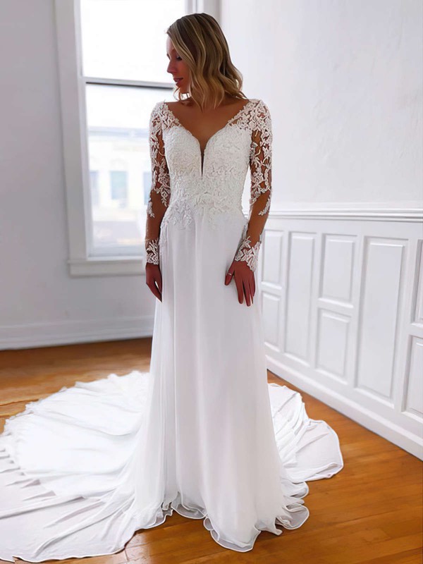Tulle V-neck A-line Court Train Beading Wedding Dresses #LDB00023802