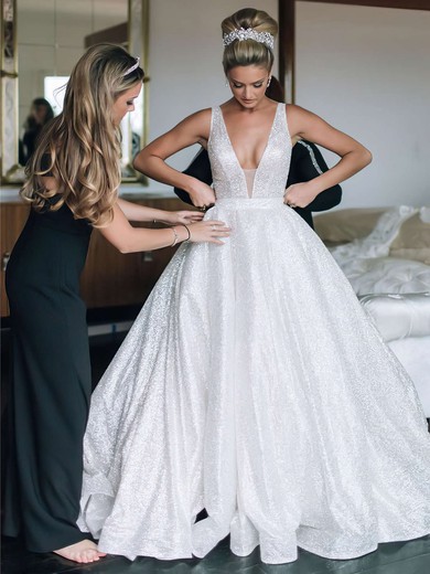Glitter V-neck Ball Gown Court Train Beading Wedding Dresses #LDB00023806