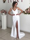 Silk-like Satin V-neck Sheath/Column Sweep Train Split Front Wedding Dresses #LDB00023807