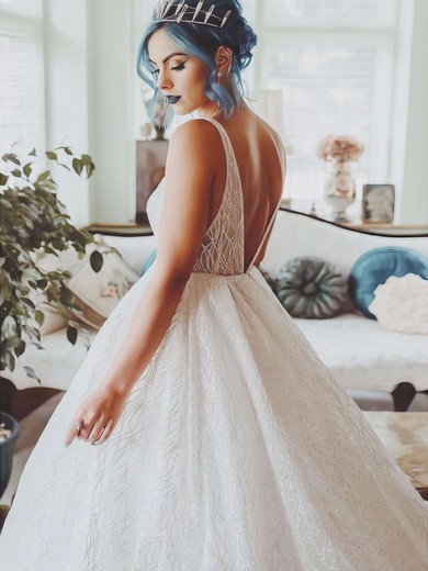 Glitter V-neck Ball Gown Court Train Wedding Dresses #LDB00023809