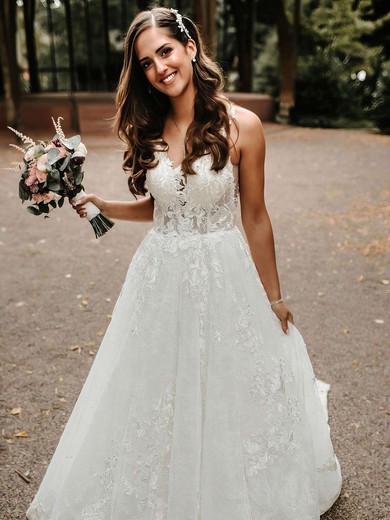 Tulle V-neck A-line Court Train Appliques Lace Wedding Dresses #LDB00023833