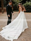 Tulle V-neck A-line Court Train Appliques Lace Wedding Dresses #LDB00023833