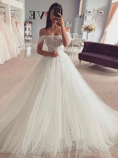 Tulle Off-the-shoulder Ball Gown Court Train Appliques Lace Wedding Dresses #LDB00023840
