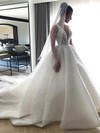 Tulle V-neck Ball Gown Chapel Train Pearl Detailing Wedding Dresses #LDB00023841