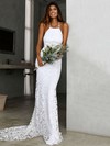 Lace Halter Trumpet/Mermaid Sweep Train Wedding Dresses #LDB00023848