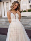 Tulle V-neck A-line Court Train Appliques Lace Wedding Dresses #LDB00023850