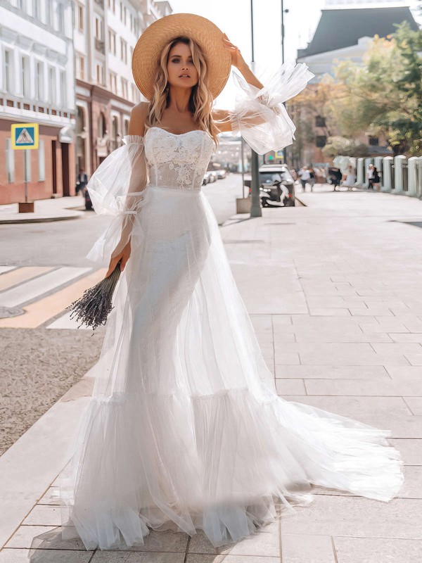 Tulle Off-the-shoulder A-line Sweep Train Beading Wedding Dresses #LDB00023852
