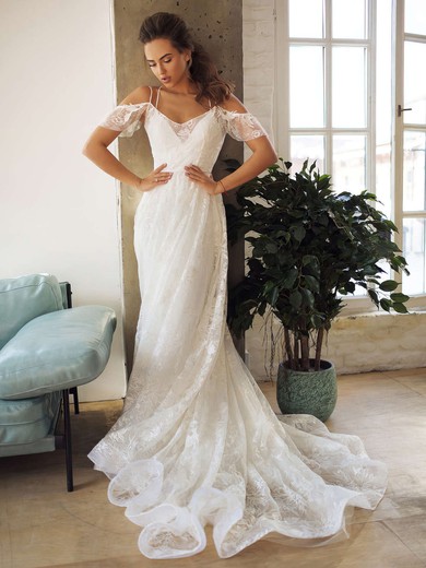 Lace V-neck A-line Sweep Train Wedding Dresses #LDB00023853