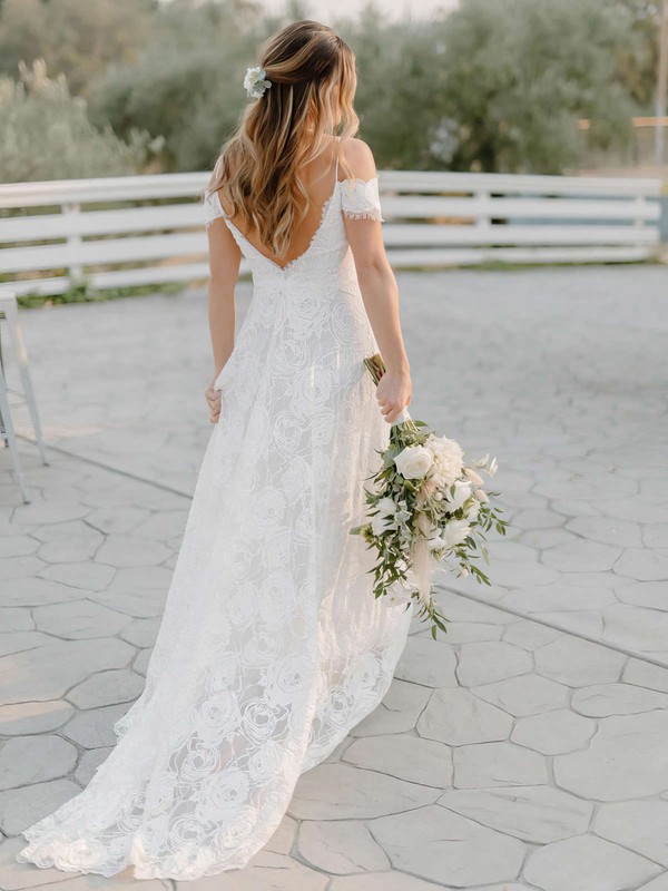 Lace V-neck A-line Sweep Train Wedding Dresses #LDB00023861