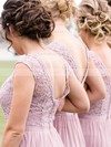 Lace Silk-like Satin Scoop Neck A-line Floor-length Split Front Bridesmaid Dresses #LDB01013789