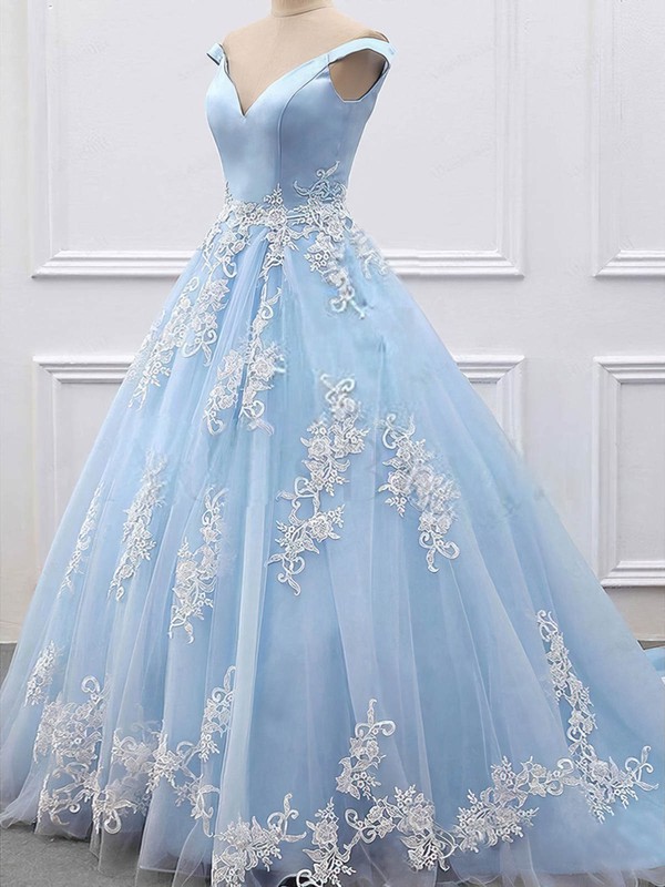Ball Gown Off-the-shoulder Tulle Sweep Train Appliques Lace Prom Dresses #LDB020106469
