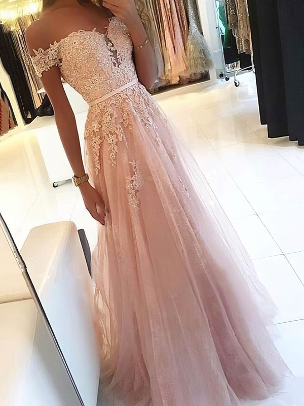 A-line Off-the-shoulder Tulle Floor-length Appliques Lace Prom Dresses #LDB020106470
